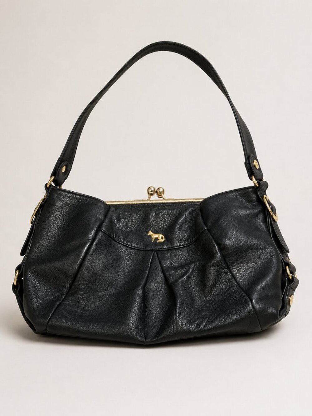 Emma Fox Black Leather Kiss Lock Shoulder Bag Floral Lined Satchel Purse